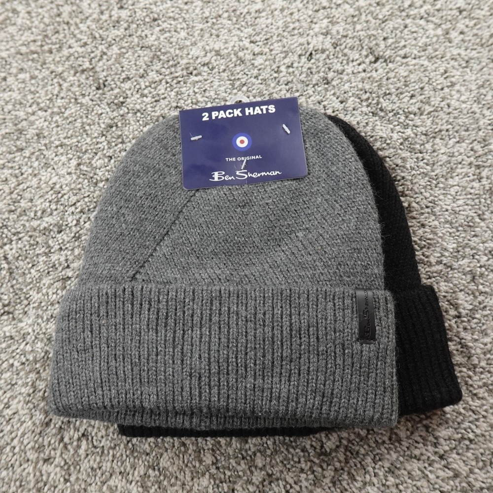 NEW Ben Sherman Hat‎ Beanie Cap Mens One Size Black Gray Knit 2 Pack Winter Warm